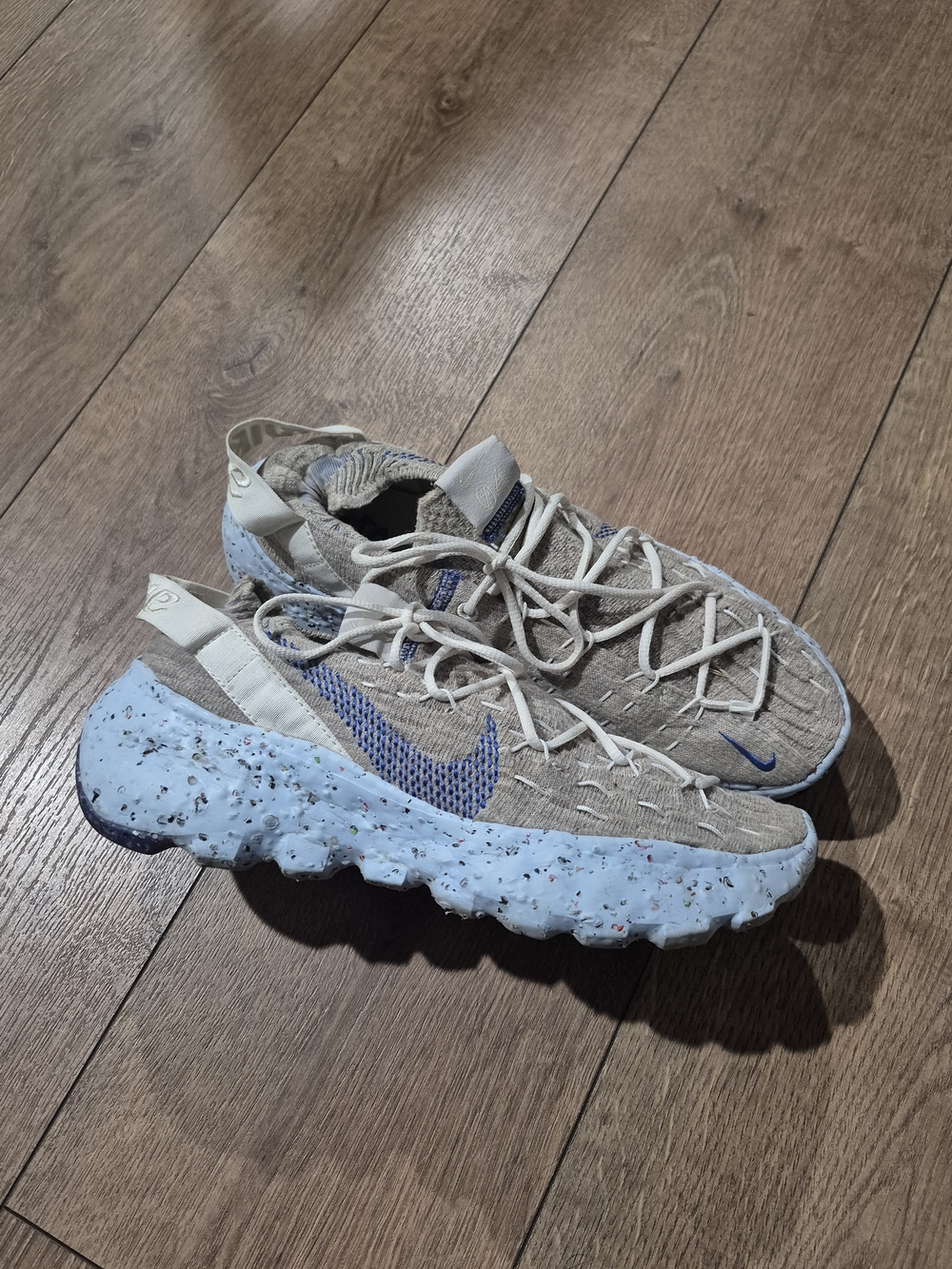 Nike Women's Beige Knit Sneakers with Light Blue Speckled Sole